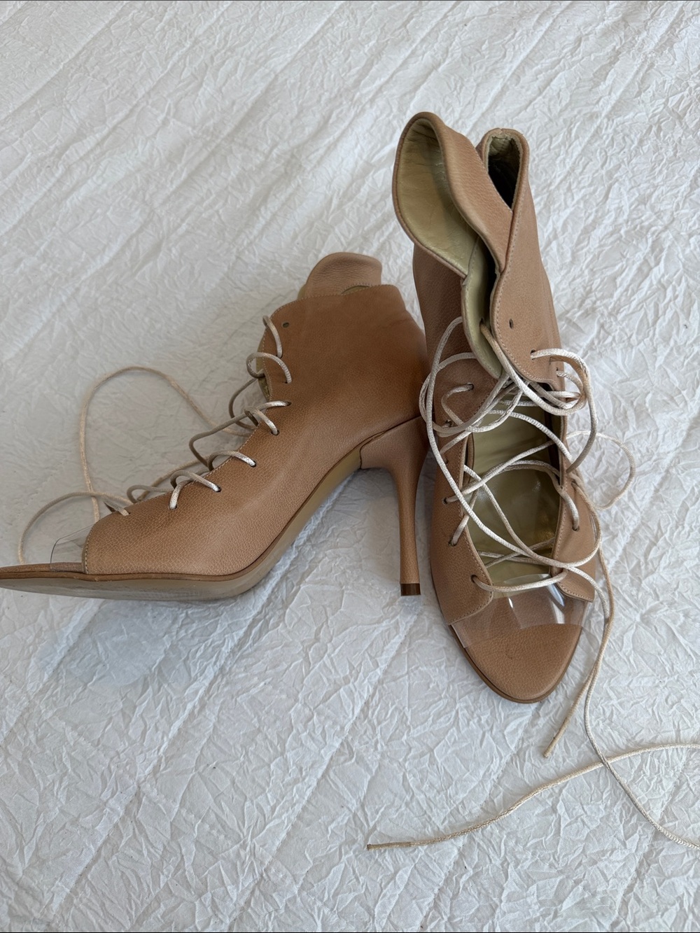Lace-Up Peep-Toe High Heel Booties in Taupe